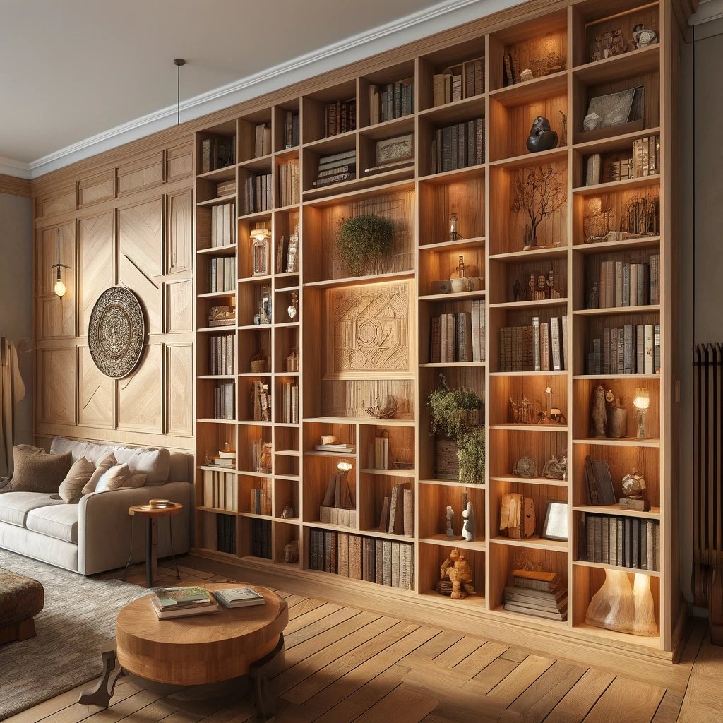 A custom woodwork floor-to-ceiling bookcase designed precisely to fit a home wall, showcasing a unique and tailored look.