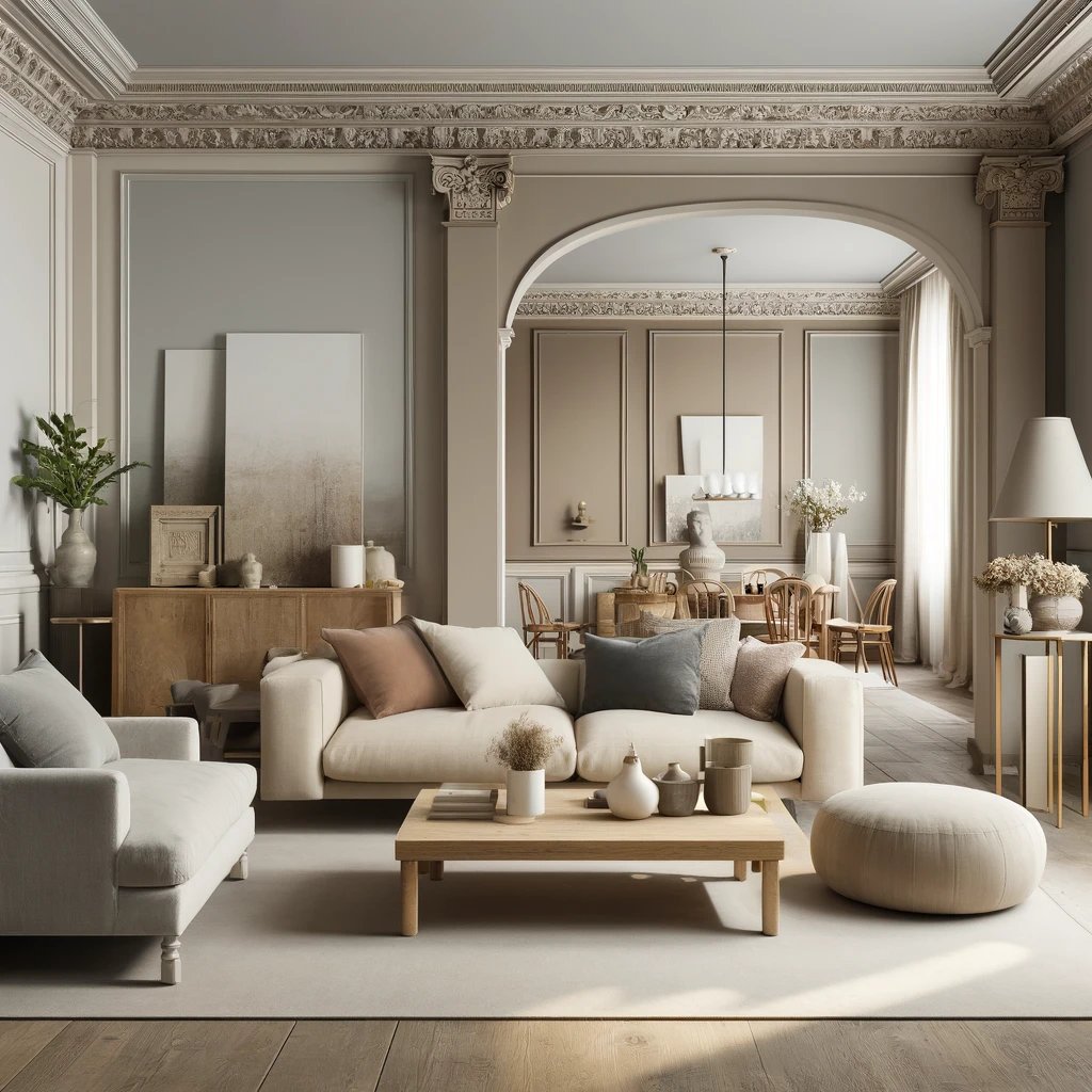 A living space showcasing a timeless look with neutral shades like beige, taupe, and soft grays.