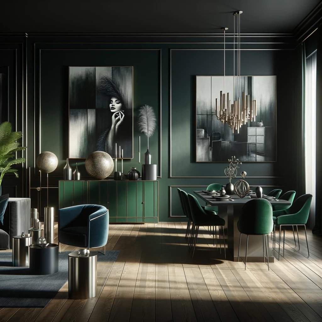 A luxurious interior scene depicting the depth and drama of dark colors in a home setting.