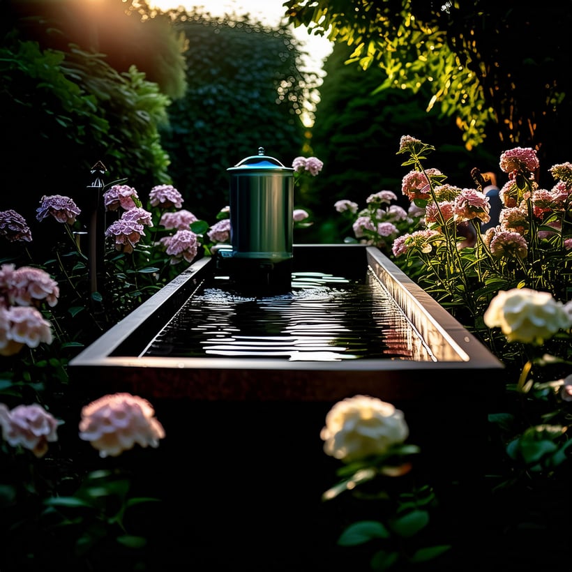 A medium shot of a rainwater harvesting system in a garden in Capitol Hill