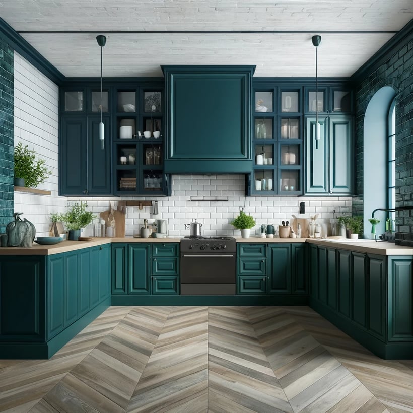 A modern kitchen with deep colors like navy, teal, and forest green used in smaller doses. All walls and the ceiling are white brick.
