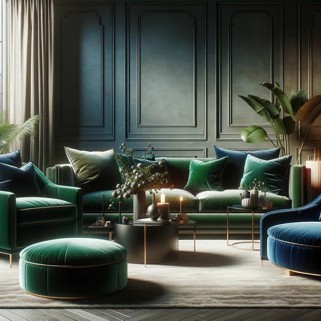 A realistic depiction of an upscale living room showcasing sofas and accent chairs upholstered in velvet