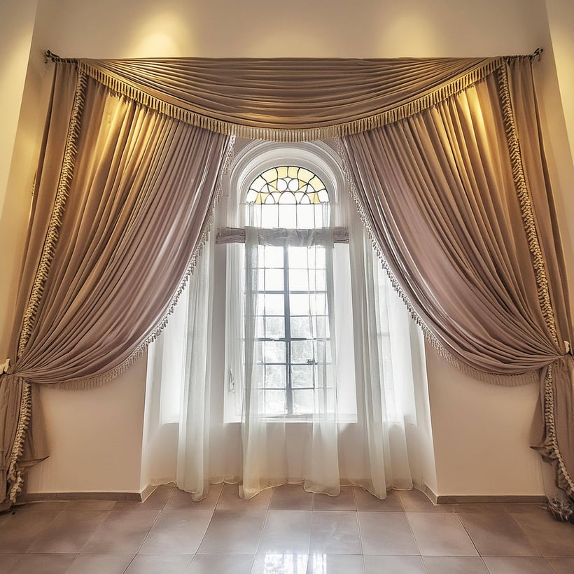 Image of a luxurious room featuring a window with flowing drapes