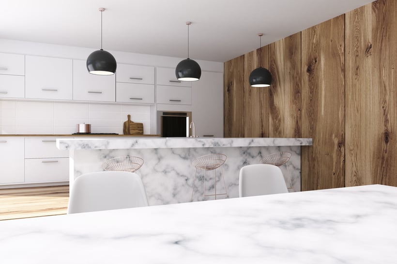 White kitchen corner, marble bar stand